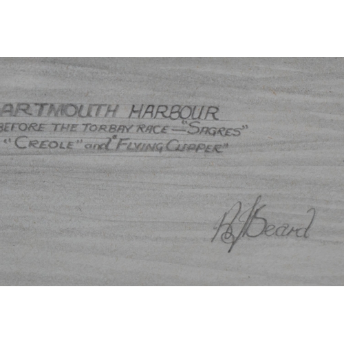 387 - A J Beard: original pencil artwork of Dartmouth Harbour, 61 x 44cm inc frame.