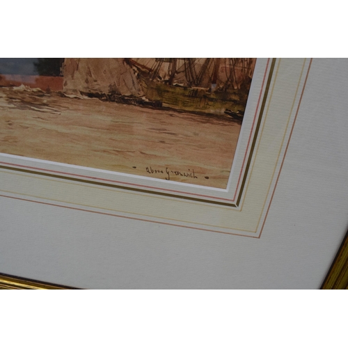 388 - A pair of framed and glazed prints of ships at sea, 60 x 26cm exc frames (2).