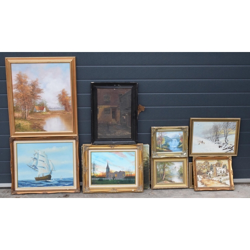 389 - A mixed group of framed oil on canvases and other mixed artwork of varying forms (9 pieces). Collect... 