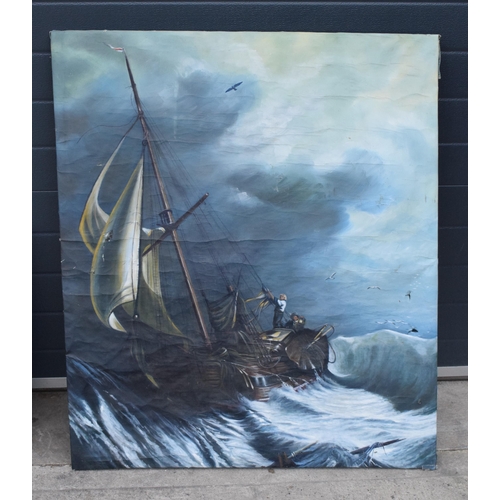 390 - Large unframed oil on canvas on frame of a ship at sea / galleon, 112 x 96cm. Some small damages.