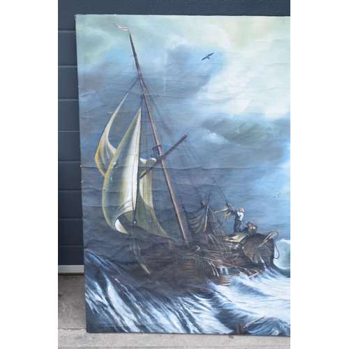 390 - Large unframed oil on canvas on frame of a ship at sea / galleon, 112 x 96cm. Some small damages.