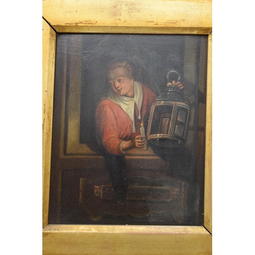 393 - 19th century Dutch oil on metal back of a tavern scene in period gilt ornate frame, artwork 19 x 15c... 