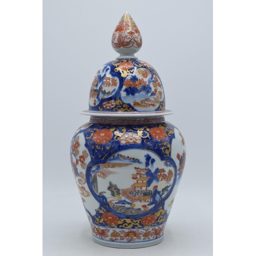 211 - Early 20th century Japanese temple jar with traditional scenes and large finial to lid, 31cm tall (h... 