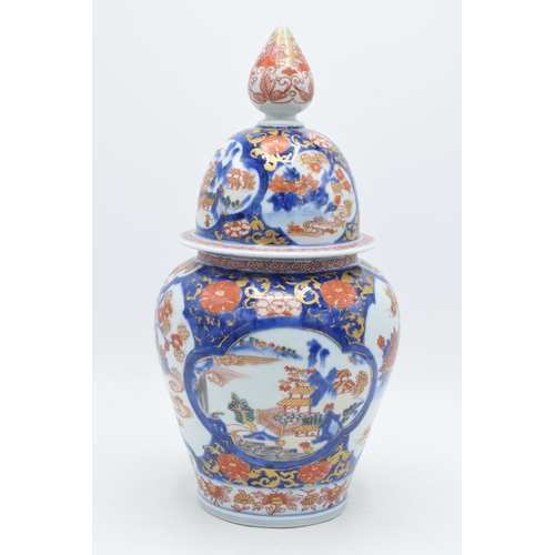 211 - Early 20th century Japanese temple jar with traditional scenes and large finial to lid, 31cm tall (h... 