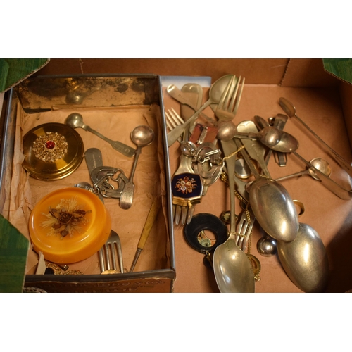 214 - A collection of silver plated cutlery, compact, pill box and others (Qty).