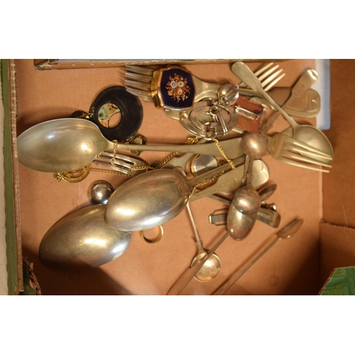 214 - A collection of silver plated cutlery, compact, pill box and others (Qty).