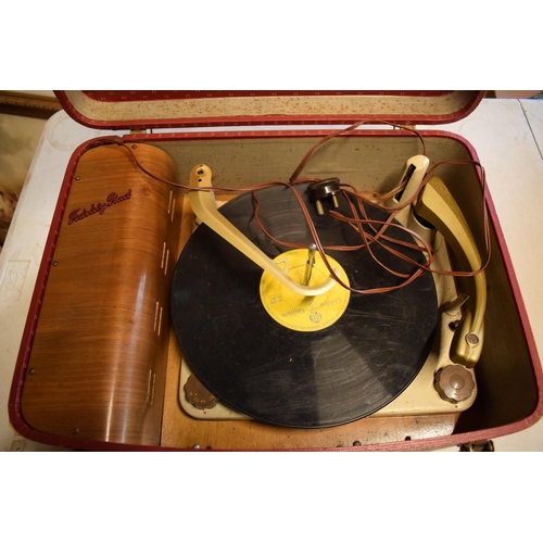 219 - Vintage cased Fidelity Rad portable record player in red, untested.