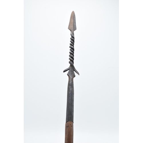 342 - 19th century wooden and barbed iron African fishing spear, 96cm long.