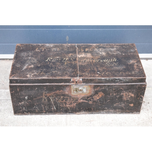 350 - Early to mid 20th century metal painted trunk / box with previous owner's names to top, 71 x 38 x 30... 