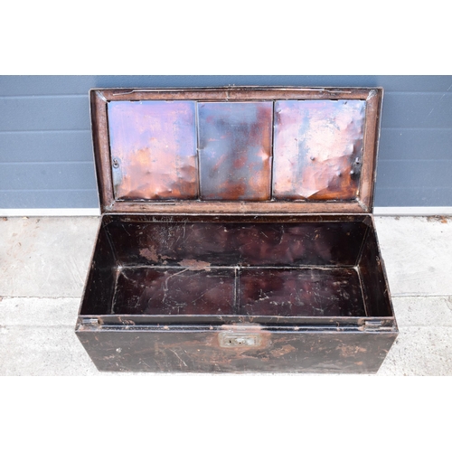 350 - Early to mid 20th century metal painted trunk / box with previous owner's names to top, 71 x 38 x 30... 