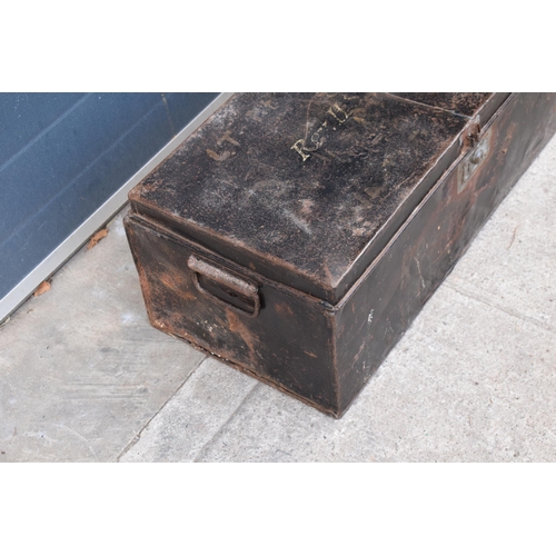 350 - Early to mid 20th century metal painted trunk / box with previous owner's names to top, 71 x 38 x 30... 