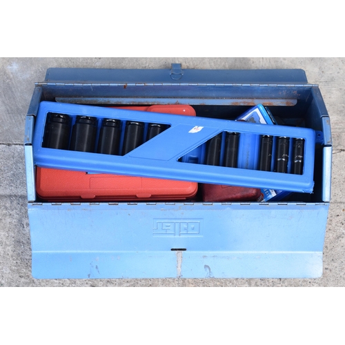 351 - Vintage blue metal toolbox together with contents of the toolbox.