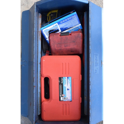 351 - Vintage blue metal toolbox together with contents of the toolbox.