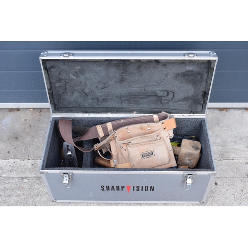 352 - Sharp Vision sturdy box together with contents for woodworking to include belt, plane, mallet and ot... 