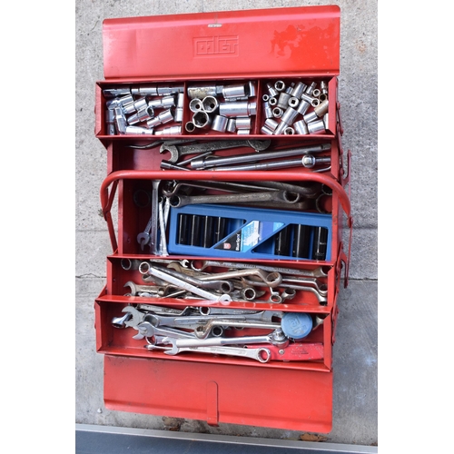 353 - A vintage red metal folding toolbox with contents to include sockets, spanners, wrenches, impact soc... 