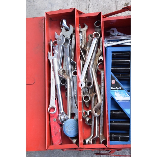 353 - A vintage red metal folding toolbox with contents to include sockets, spanners, wrenches, impact soc... 