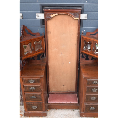 363 - Edwardian folding mirror dressing table set, flanked by drawers and fold-out mirrors, 136 x 54 x 165... 