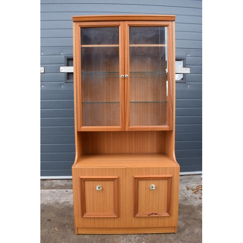 364 - Vintage Remploy glazed book case / display cabinet, 81 x 44 x 174cm tall, with lights.