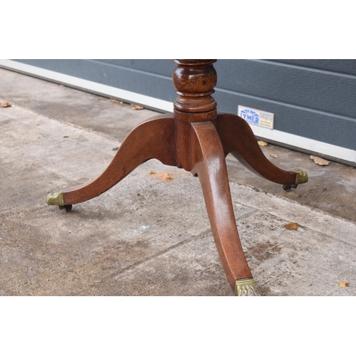 367 - Georgian polished mahogany square tilt-top tripod table with brass claw feet, 98 x 78 x 74 when flat... 