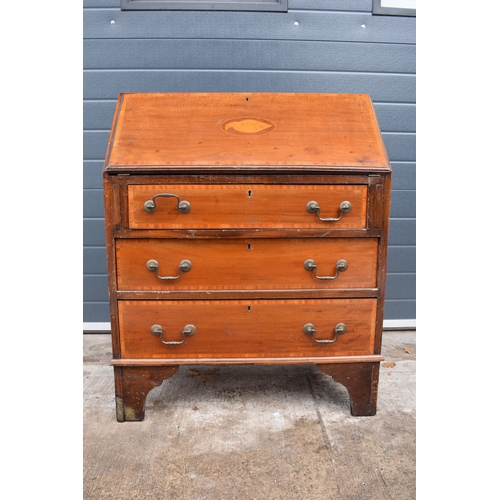 372 - 19th century mahogany bureau with satinwood inlay and fitted interior, 76 x 45 x 95cm tall.