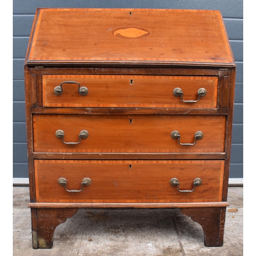 372 - 19th century mahogany bureau with satinwood inlay and fitted interior, 76 x 45 x 95cm tall.