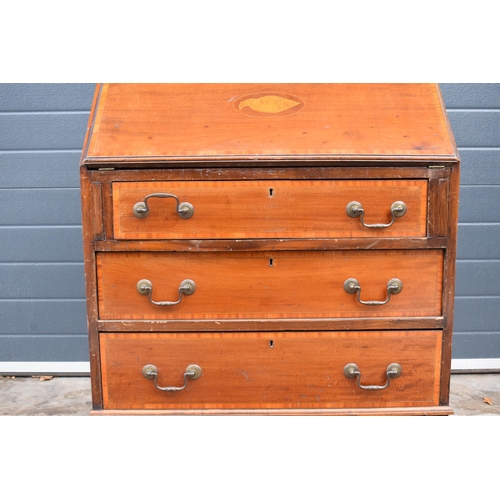 372 - 19th century mahogany bureau with satinwood inlay and fitted interior, 76 x 45 x 95cm tall.