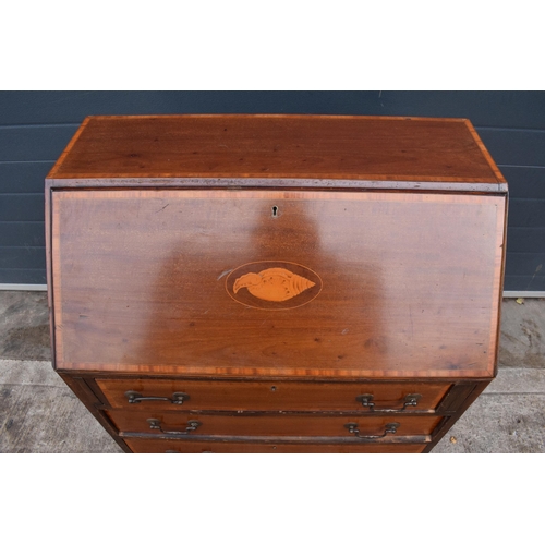 372 - 19th century mahogany bureau with satinwood inlay and fitted interior, 76 x 45 x 95cm tall.