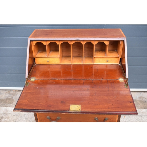 372 - 19th century mahogany bureau with satinwood inlay and fitted interior, 76 x 45 x 95cm tall.