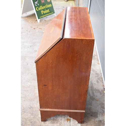 372 - 19th century mahogany bureau with satinwood inlay and fitted interior, 76 x 45 x 95cm tall.