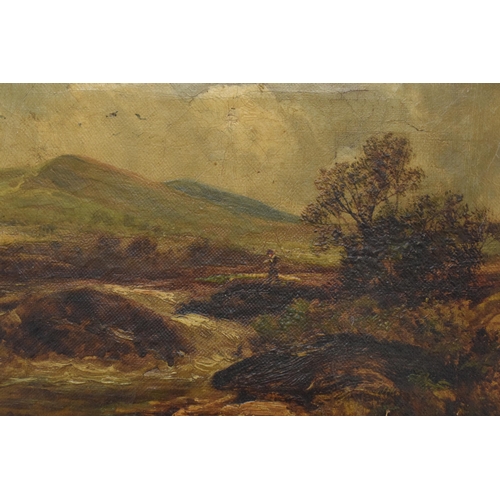 403 - 19th century rural landscape with a figure in the moors in period gilt frame, 19cm x 29cm exc frame.