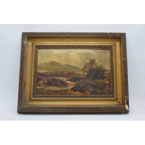 403 - 19th century rural landscape with a figure in the moors in period gilt frame, 19cm x 29cm exc frame.