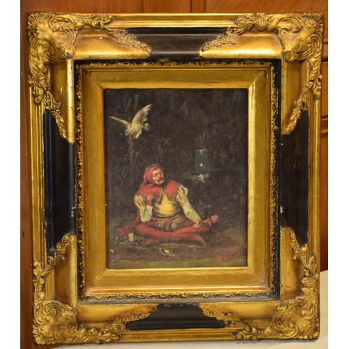 404 - Gilt-framed picture of a seated jester, in Dutch style, in gilt-style frame, 25x19cm exc frame. Mono... 