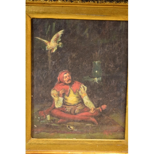 404 - Gilt-framed picture of a seated jester, in Dutch style, in gilt-style frame, 25x19cm exc frame. Mono... 