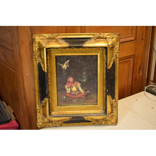 404 - Gilt-framed picture of a seated jester, in Dutch style, in gilt-style frame, 25x19cm exc frame. Mono... 