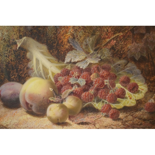 Oliver Clare (British 1853-1927) oil on canvas of still life fruit scene with raspberries and peaches, signed to lower right, in gilt frame, glazed. 21cm x 29cm exc frame.