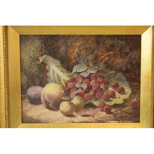 405 - Oliver Clare (British 1853-1927) oil on canvas of still life fruit scene with raspberries and peache... 