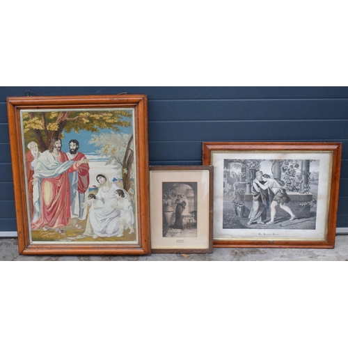 408 - A trio of artwork to include large quality-framed religious tapestry, oak framed print and a framed ... 