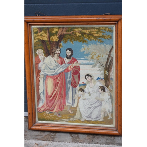 408 - A trio of artwork to include large quality-framed religious tapestry, oak framed print and a framed ... 