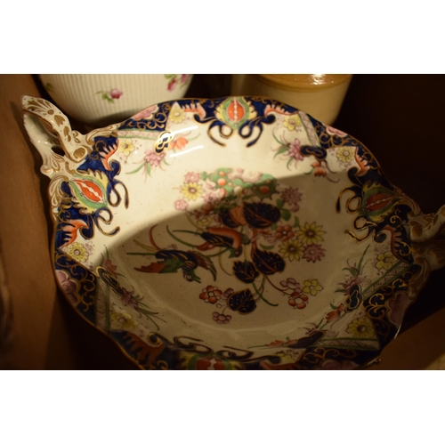 215 - A collection of items to include a Masons ironstone tazza / pedestal dish, George Jones Crescent chi... 