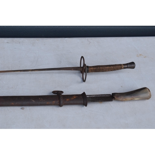 315 - 19th century officers's sword in metal sheaf with later horn handle and a vintage fencing spoil, lon... 