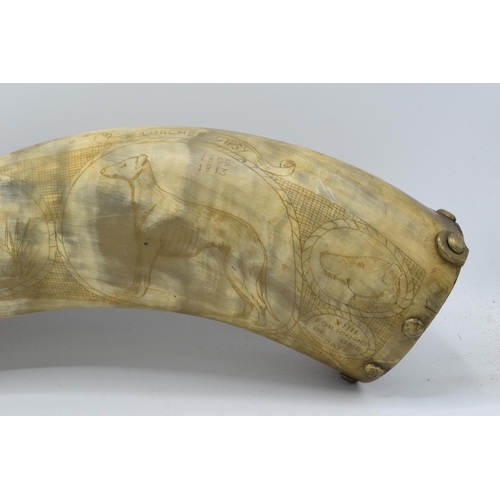 318 - 19th century scrimshaw horn depicting a rabbit, a hare and a Gipsy Lurcher, inscribed 1805 and 1813 ... 