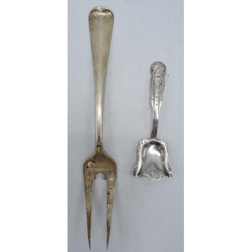 43 - Continental silver two-prong fork together with similar sugar spoon (2), 82.3 grams. 23cm long.