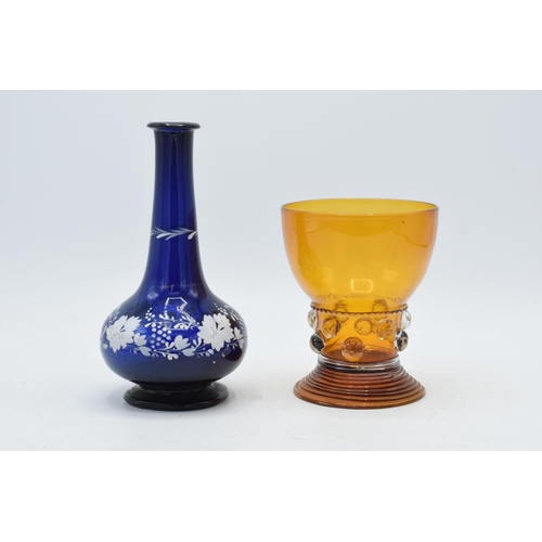 259C - 19th century Bristol Blue glass vase with pontil mark together with 19th century glass goblot (2), t... 