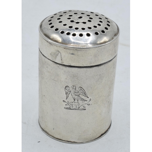 102 - Antique silver shaker, unmarked, circa 1740, with crest to centre, 43.5 grams, 6.5cm tall.