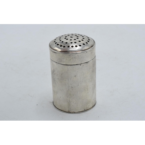 102 - Antique silver shaker, unmarked, circa 1740, with crest to centre, 43.5 grams, 6.5cm tall.