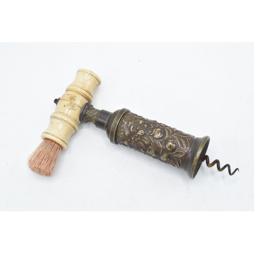 107 - Early 19th century Thomason type double-action vine barrel corkscrew with turned bone handle and bru... 