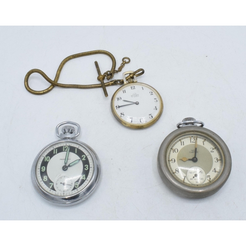 113 - A trio of pocket watches to include Buler 17 jewels watch on chain, Ingersol military pocket watch a... 