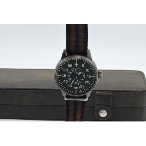 131 - Boxed Laco 1925 gentleman's wristwatch with patterned strap, with Laco 15 movement, in working order... 