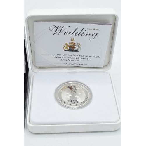 15 - Boxed The Royal Mint Royal Wedding silver proof £5 coin with certificate together with boxed silver ... 