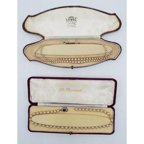 160 - Two cased sets of imitation pearls with silver clasps, 1 in need of attention (2).